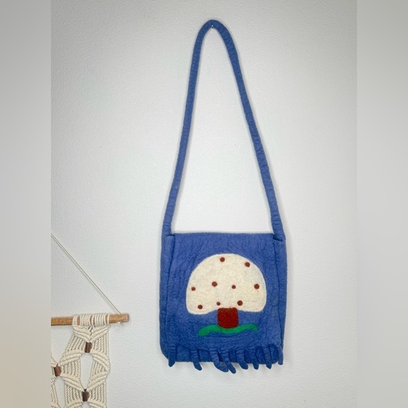 Handbags - Blue Mushroom Felted Wool Bag Crossbody handmade Cottagecore Hippie Boho Purse